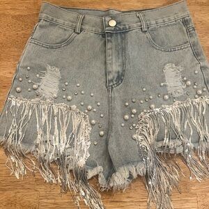 Stylish Denim Fringe Shorts with pearls brand new size 26